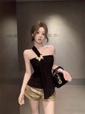 Purely Sexual One-Shoulder Breastplate Vest Women Summer Body Design Short Black Striped Backwear Without Accessories