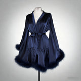 High-Grade Acetic Acid-Sinated Red Dress Woman With Short Broad-Sleeved Hairy Nightgown Wedding Morning Robe