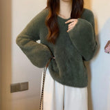 Winter New Women's Gentle Wind Temperament Knitted Sweater Soft Glutinous Wind V Collar Lazy Top Loose Water Marinade