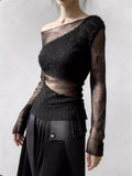 Design Sense Of White Mesh Splicing Knitted Shirt T-Shirt New Irregularly Permeable Slanted Shoulder Coat