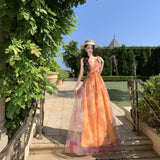 2026 Monet Garden Super Fairy Orange Flower Print Fairy Pure Desire Suspension Long Thin Dress Dress