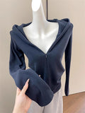 Autumn High-End Sense Simple Waist Thin Coat Female Casual Tibetan Blue V-Neck Zip Hooded Jacket Woman