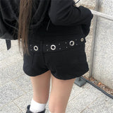 South Korea Dongdaemun Chic Dark Cool Girl Metal Buckle Denim Hot Pants Crotch Thin Shorts Female 2 Colors