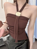 2921# Summer New Pure-Want Wind Hanging Neck Metal Decorative Vest Slimming Woman Fixed With Chest Cushion Top