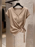 2026 Spring And Summer New Temperament Women's Commuting Style V Collar Short Sleeves To Close The Waist Shirt Is Thin And Design Blouse