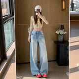 2026 New Retro Broad-Legged Jeans Women's Spring And Autumn Loose Thin Micro-Horn Straight Tube Drag Trousers