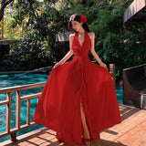 2025 Retro Red Elegant Hanging Neck Dress Back Sunset Dress Seaside Holiday Atmosphere Feel Long