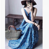 Blue Smashed Sling Dress Girl 2026 Summer New French V-Neck Holiday Thin Beach Dress Bohemian