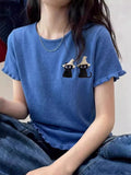 Unique Beautiful Miu Blue Kitten Short-Sleeved T-Shirt Girl 2026 Spring And Summer Super Fire Age Reduction Knitted Shirt Thin Top
