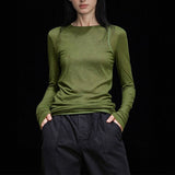 2026 Senior Sense Long-Sleeved Round-Neck T-Shirt Women's New Green Simple Leisure Inside The Thin Mask T Top