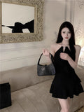 Delawed Neck Chain Lotus Leaf-Side Skirt Girl Summer Hottie Sexy Little Black Retro Romantic Dress