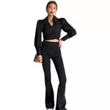2025 New Sexy Cross V-Necked Lantern Sleeve Shirt For Women's Spring High-Waisted Short Top