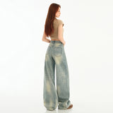 High Street Retro Broad-Legged Trousers Babes Loose Hanging Feeling Worn Mop Cowgirl Trousers Lengthy Denim Cotton