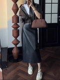 High-Rise Leather Skirt Woman Spring Autumn New After The Opening Fork Long Small Straight One-Step Skirt PU Leather Half-Dress Woman