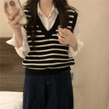 Early Autumn Knitted Vest Women Spring And Autumn New Gentle Lazy Wind V-Neck Striped Knitted Vest Sweater