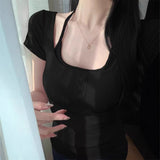 708 # Summer Pure Want To Fake Two Hanging Neck Collar Short-Sleeved T-Shirt Slimming Short-Term Fixed Chest Pads