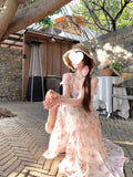 Irregular Out-Of-Shoulder Violet Flower High-End Design Long Dress Fairy Fluttering Dress Small Sleeves Hanging Skirt