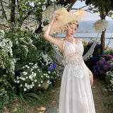 2025 High-End Design White Temperament Early Spring French Holiday Hanging Neck Hollow Embroidery Tying Dress