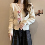 Thick And Gentle Little Fragrant Style Short Knitted Cardigan Sweater Autumn New Sweet Three-Dimensional Flowers Pink Clothes