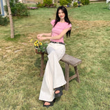 2025 Slim Horn Pants Retro Ice Blue Trumpet Jeans Women Design With A Sense Of Repairing Horseshoe Pants