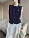 Tibetan Cyan Round-Neck Knitted Vest Cardigan Women's Summer 2025 New High-End Feel On The Body