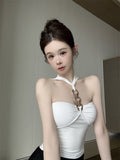 927# Summer New Pure Desire Diamond Chain Hanging Neck Vest Wearing A Niche Sexy All-In-One With Chest Cushions Thin