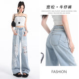 (No Belt) 2025 Summer Explosion Heavy Industry Lace Ripped Jeans Women High Waist Thin Korean Version Fashion Print