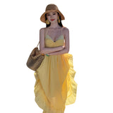 2025 Light Yellow Lattice Holiday Wind And Wind-Dew Back Dress Dopamine Island Beach Hanging Neck Beach Dress
