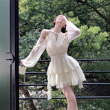 French Rich Gold Apricot Chiffon Dress Autumn And Winter Chiffon Skirts Lotus Leaves Side-Rise Dating Princess Skirt