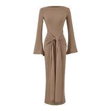 Rose Red Shoulder More Wearing French Spring And Autumn Sexy Dress Women Casual Commuting Horn Sleeves Thin Dress