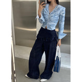 Korean Chic Niche Design Lace Skirts To Fake Two Straight Trousers Thin Deep Blue Jeans