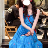 French Blue Sling Dress Woman 2025 Summer New Seaside Vacation Unique Beautiful Floral Long Dress