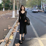 Sexy V-Neck Lace Spliced Long-Sleeved Dress Women In Autumn With Big Coats Small Man Toss Long Dress