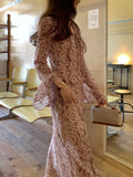 Talia Trendy Holiday Lotus Leaf Side With Horn Sleeve Open Print Dress Female French Dress