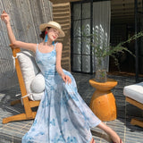 2025 Blue Butterfly Sling Skirt Women's Summer Design Dress Net Yarn Feeling Waist Fishtail Skirt Dress