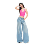 26 Years Of Spring And Summer New Light Green Retro Washing Mid-Rise Tug Loose Hole Denim Drag Jeans Woman