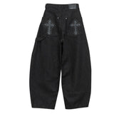 South Korea's Dongdae Gate Trendy Street Retro Handsome Leopard-Print Cross Drill Loose Broad-Legged Jeans
