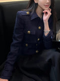 Small Bus Private Clothes Gold Button Coat Lazy High-End Temperament Dark Blue Shoulder Collar Top
