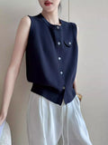 Tibetan Cyan Round-Neck Knitted Vest Cardigan Women's Summer 2025 New High-End Feel On The Body