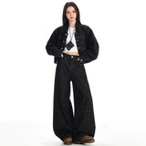 Autumn Dark Blue Car Line Split Scimits Jeans Women Retro Street High-Rise Thin Slacken