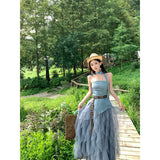 Sichuan Xinjiang Original Tourism Wearing Summer Blue To Wipe The Chest Irregular Net Yarn Skirt Suit