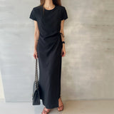 South Korea's New Summer French Elegance Simple Design Feel Side Strap Open Waist Short-Sleeved Dress