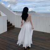 2025 Super Fairy Summer Wave Blue Pure Desire Holiday Windy Back Dress To Collect The Waist Thin Skirt Slings Long