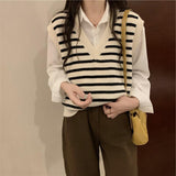 Early Autumn Knitted Vest Women Spring And Autumn New Gentle Lazy Wind V-Neck Striped Knitted Vest Sweater