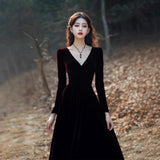 Toasting Host Annual Meeting Dress Dress High-End Light Luxury Niche Temperament Famous Red Velvet V-Neck Dress