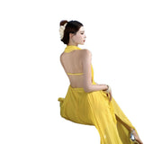 Brass Hanging Neck Sexy Big Dew Long Dress Female Yellow Light Luxury High-End Feeling Leaf Side Holiday Dress
