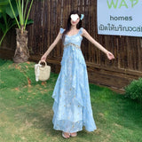 French Tea Break Blue Sling Skirt Women's Summer Tourism Beach Sweet Sunset Large Dress