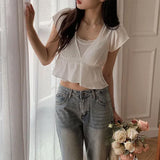 Korean Pure Lust Wind V-Neck Short Sleeves To Close The Waist Small Flying Sleeve Doll Shirt Women Summer With High-Waisted Short-Sized Straps