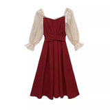 Sweet French Red Dress Women Five-Sleeve 2025 Summer New Waist Display Thin Long Dress A-Word Skirt