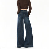 Vintage Micro-Horn Jeans Women Spring And Autumn High Waist Hanging Feeling Niche Front Pocket Elastic Broad Leg Trousers Trousers